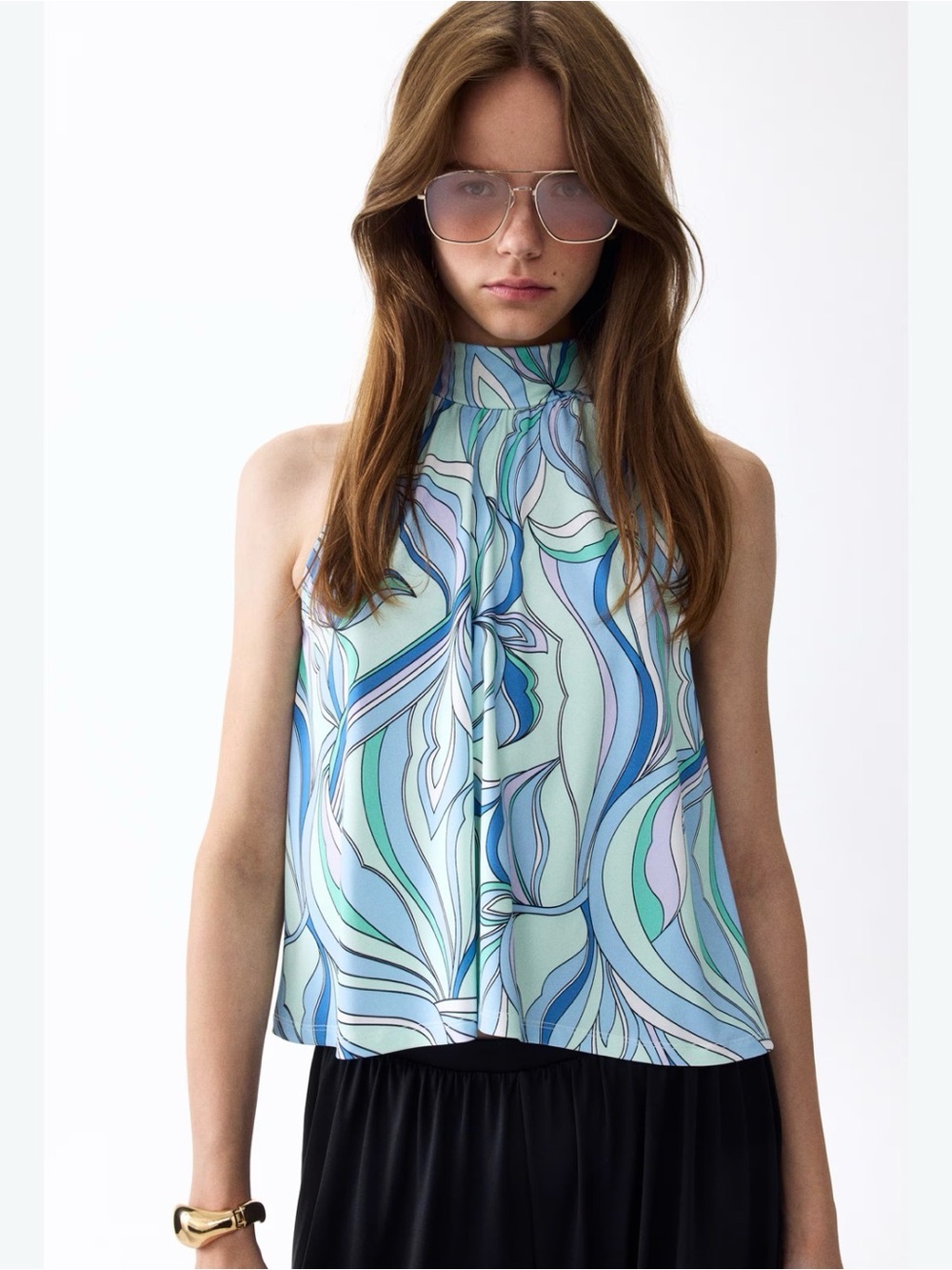 H&M High-Neck Sleeveless Camisole in Blue and Mint Wave Print
